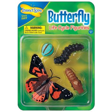 Painted Lady Butterfly Lifecycle stages. 4 figurines in packaging; egg, caterpillar, chrysalis, butterfly. Plastic and oversized for little hands.