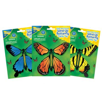 Three Wind Up Butterfly Flying Toy colour variations; 1. Blue and Black, 2. Orange and Black, 3. Yellow and Black