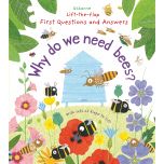 Cover of Why do we Need Bees? Lift the Flap book. Cover features cartoon bees on a nature background with a beehive in the centre. Hardback.