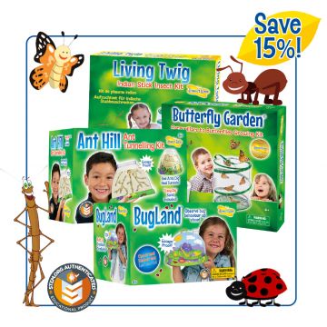 A collection of insect kits, Living Twig, Butterfly Garden, BugLand and Ant Hill. Surrounded by cartoon insects, Save 15%