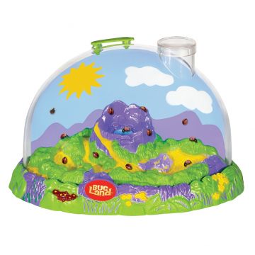 A dome-shaped bug habitat containing an island landscape, dominated by a purple volcano containing a felt wick for insects to drink from.  Ladybirds are crawling around inside the dome.